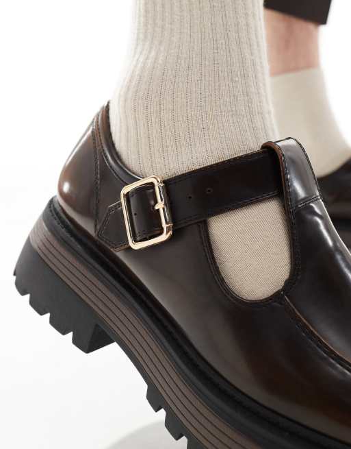 ASOS DESIGN - Mocassini Mary jane in pelle sintetica marroni con suola spessa, 4 di 4