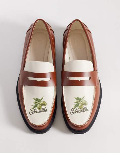 ASOS DESIGN - Mocassini stile penny marrone e panna con grafica verde oliva - view 1