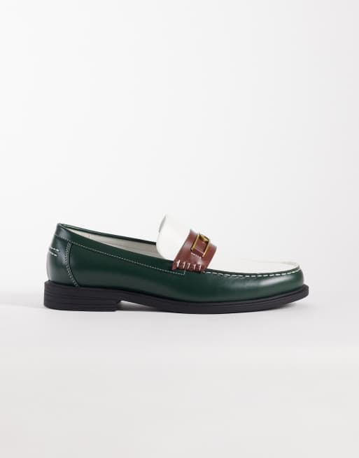 ASOS DESIGN - Mocassini verdi e crema con dettagli in metallo dorato