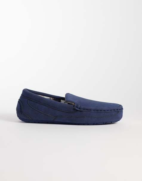 ASOS DESIGN mocassinpantoffels in nachtblauw met geruite voering - view 1