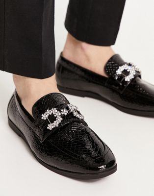 ASOS DESIGN loafers in patent black faux snake with diamante snaffle detail - ASOS Price Checker