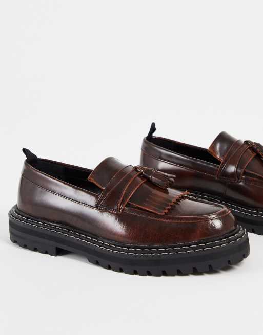 ASOS DESIGN - Mocassins en cuir avec semelle épaisse et coutures contrastantes - Marron