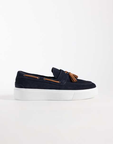 ASOS DESIGN - Mocassins en daim à pampilles et semelle cuvette avec détail en cuir fauve - Bleu marine - view 1