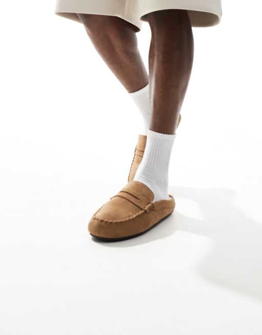 ASOS DESIGN moccasin mule slippers in tan with faux fur lining, 3 of 4