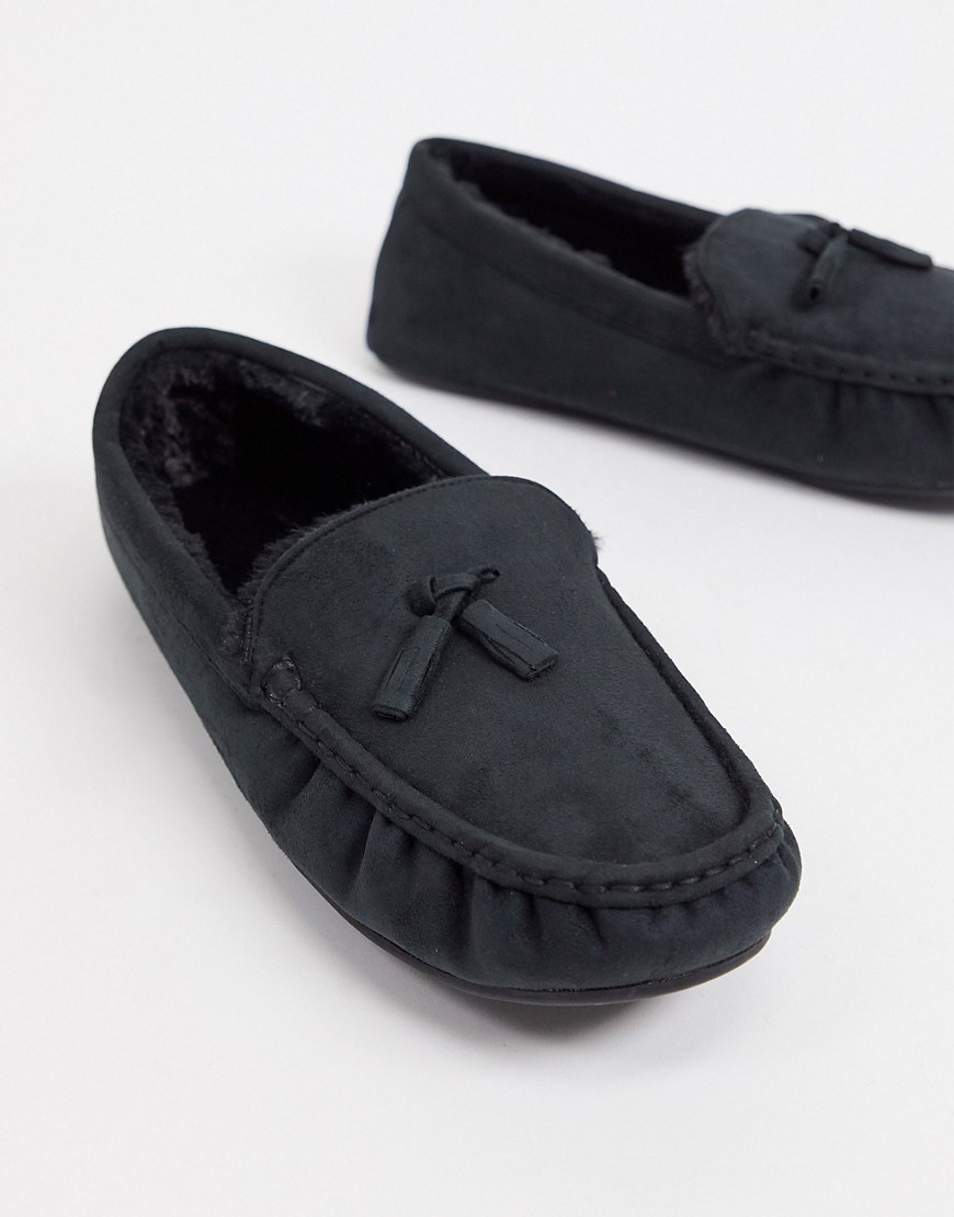 ASOS DESIGN moccasin slipper in black with faux-fur lining