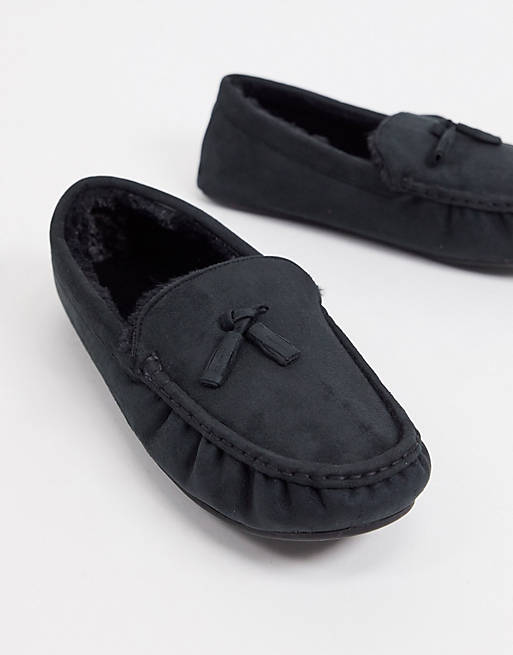 asos.com | ASOS DESIGN moccasin slipper in black with faux fur lining