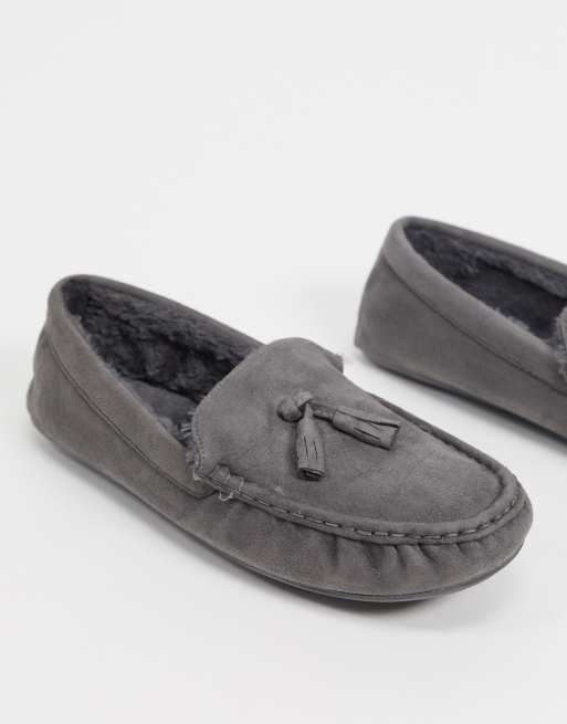 ASOS DESIGN moccasin slipper in grey with faux fur lining