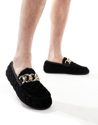 ASOS DESIGN moccasin slippers in black quilted velvet with gold hardware