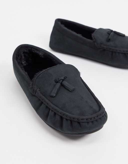 ASOS DESIGN moccasin slippers in black with faux fur lining ASOS