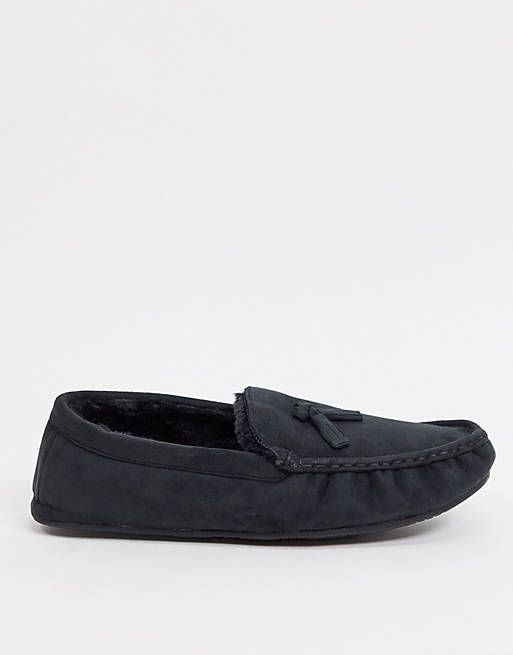 Gifts moccasin slippers in black with faux fur lining 
