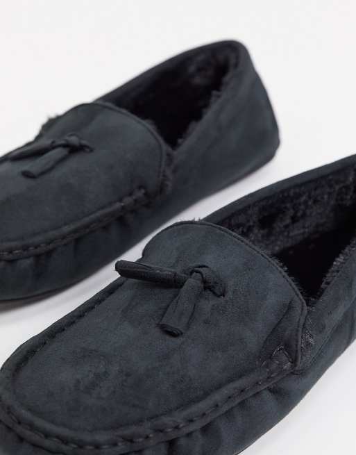 ASOS DESIGN moccasin slippers in black with faux fur lining ASOS