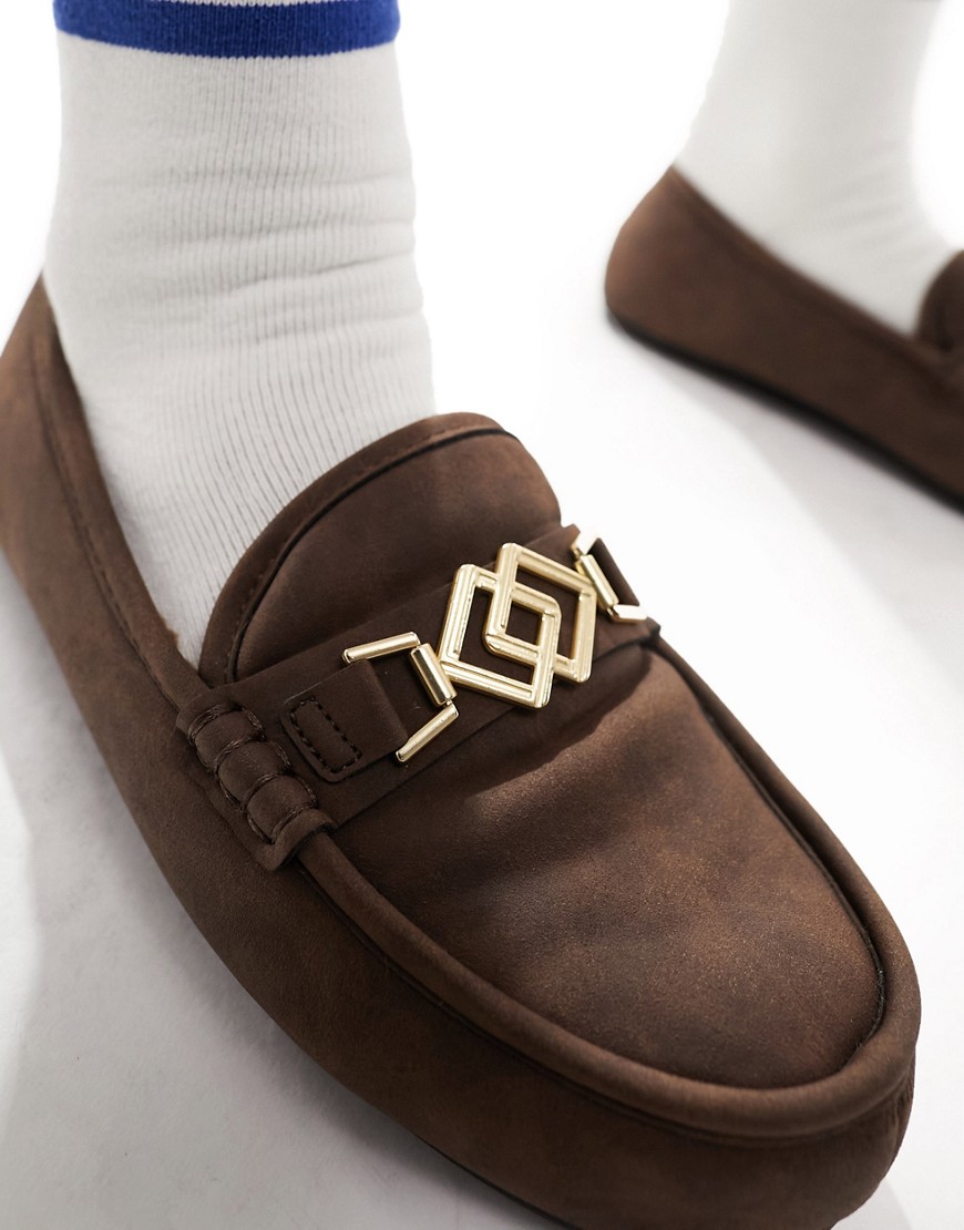 ASOS DESIGN moccasin slippers in brown with snaffle detail