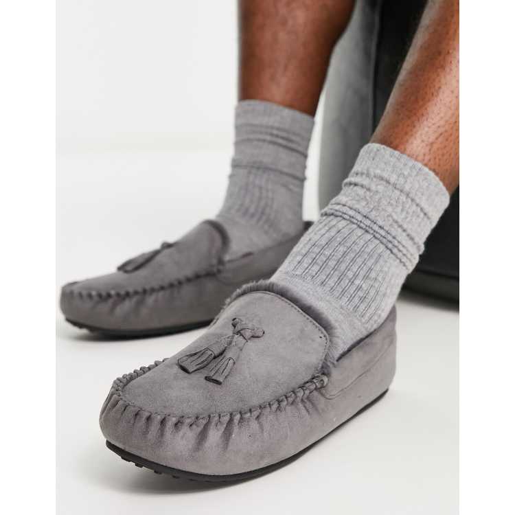 ASOS DESIGN moccasin slippers in gray with faux fur lining ASOS