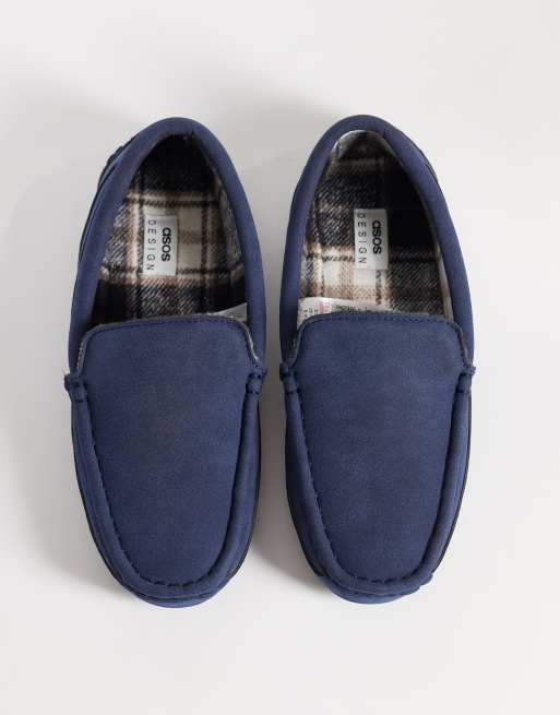 ASOS DESIGN moccasin slippers in midnight navy with check lining, 2 of 4