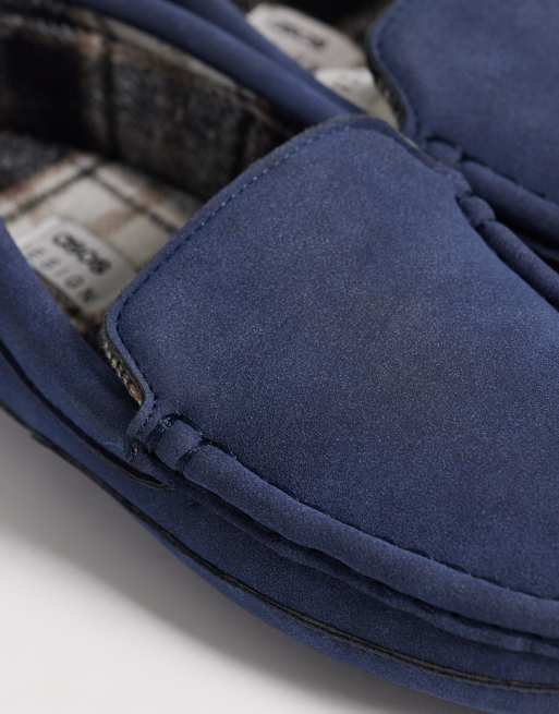ASOS DESIGN moccasin slippers in midnight navy with check lining, 3 of 4