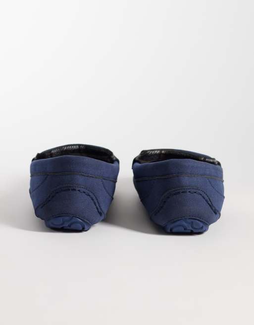 ASOS DESIGN moccasin slippers in midnight navy with check lining, 4 of 4