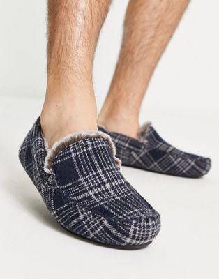 ASOS DESIGN moccasin slippers in navy check - ASOS Price Checker