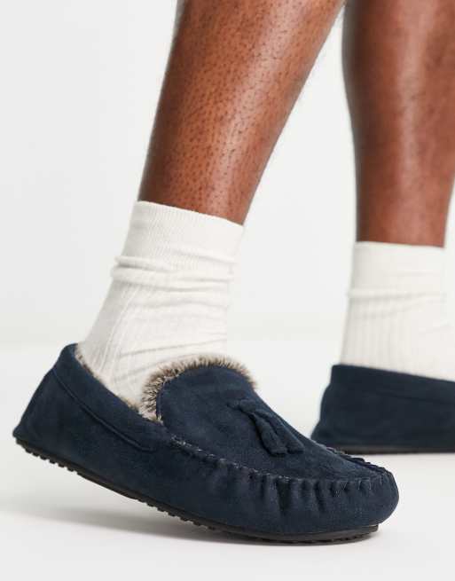 ASOS DESIGN moccasin slippers in navy with faux fur lining ASOS