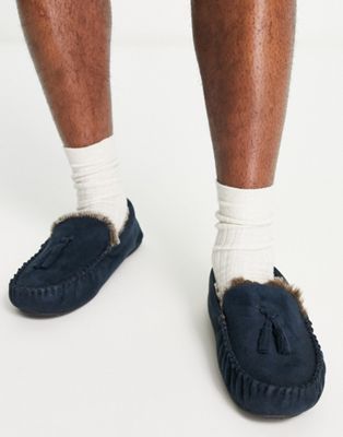 ASOS DESIGN moccasin slippers in navy with faux fur lining