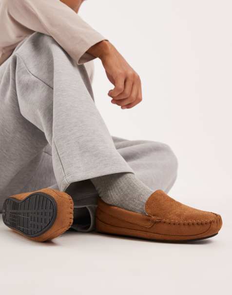ASOS DESIGN moccasin slippers in tan with faux fur lining - view 1