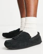 ASOS DESIGN moccasin slippers in navy with faux fur lining | ASOS