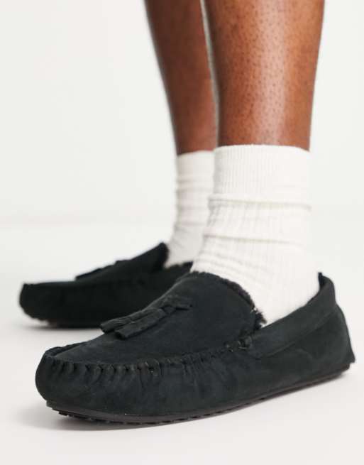 ASOS DESIGN moccasin slippers with faux fur lining in black ASOS