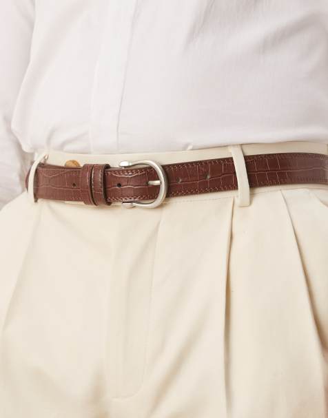 ASOS DESIGN mock croc faux leather belt in brown - view 1