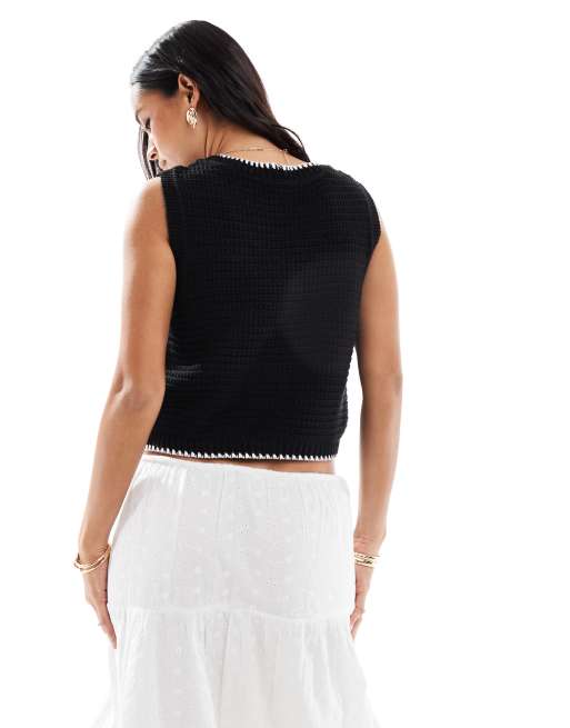 ASOS DESIGN mock crochet knit button front tank in black, 4 of 4