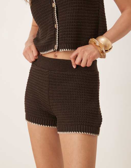 ASOS DESIGN mock crochet knit shorts in chocolate - part of a set