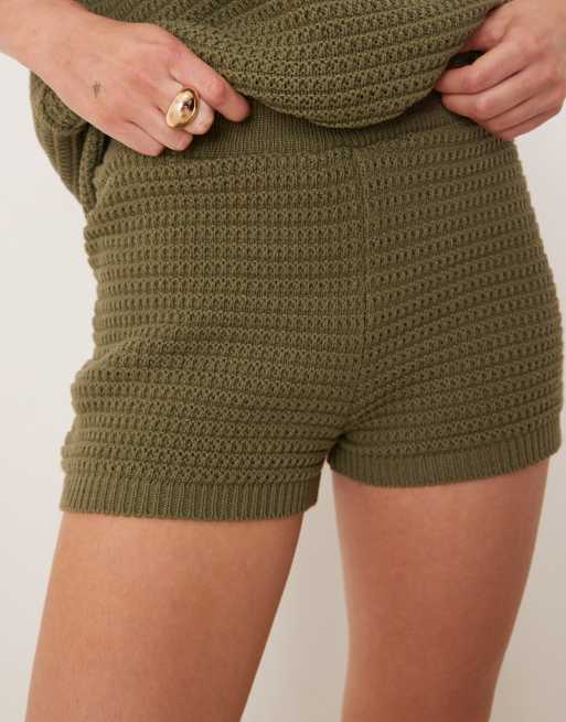 ASOS DESIGN mock crochet knit shorts in khaki - part of a set, 2 of 5