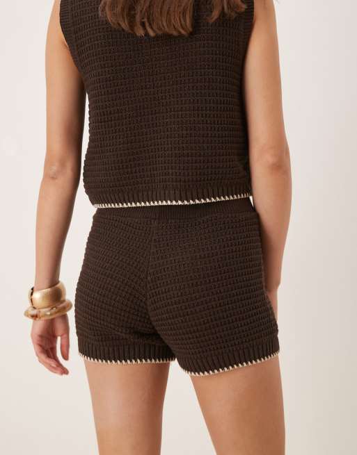ASOS DESIGN mock crochet knitted shorts in chocolate (part of a set), 4 of 5