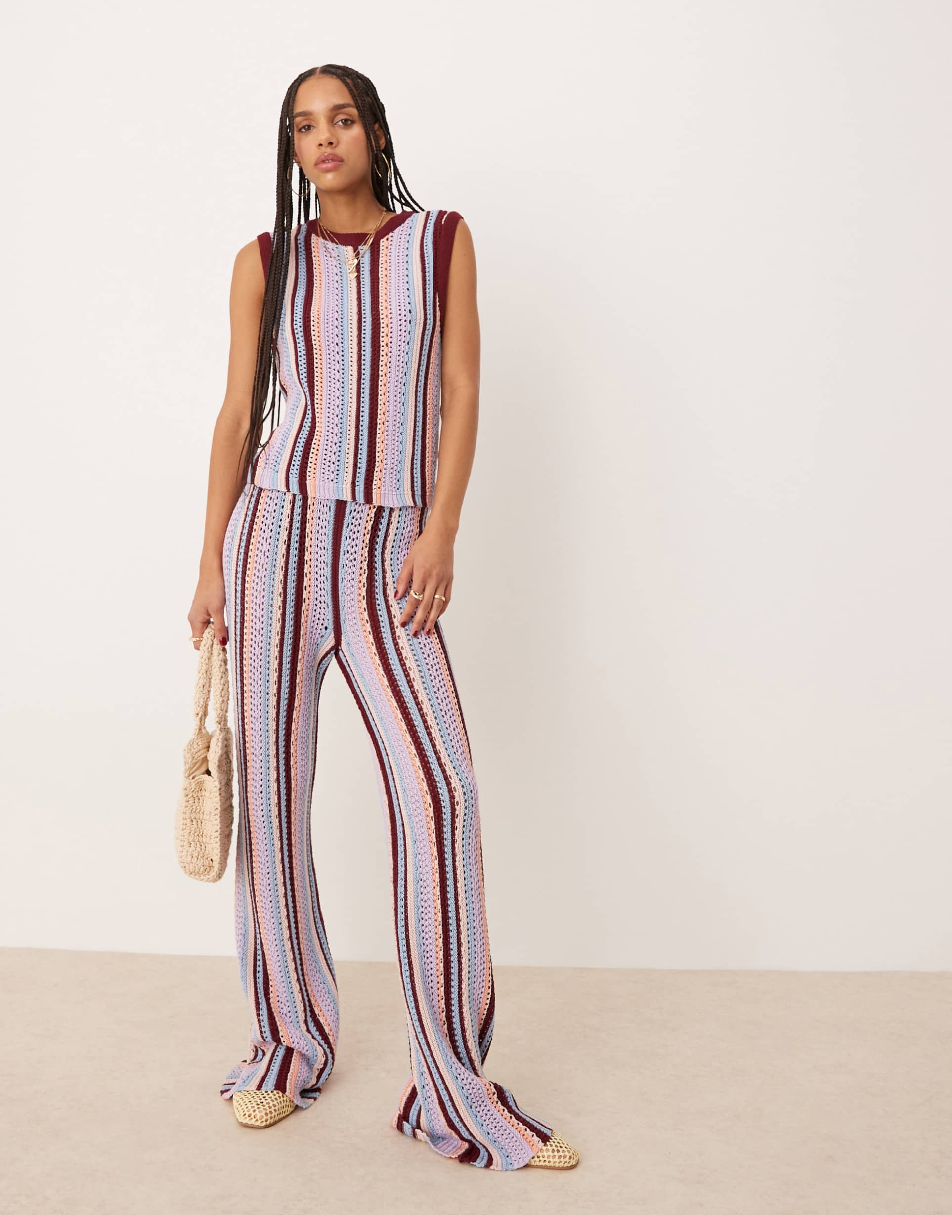 asos design mock crochet vertical stripe knit pants in multi