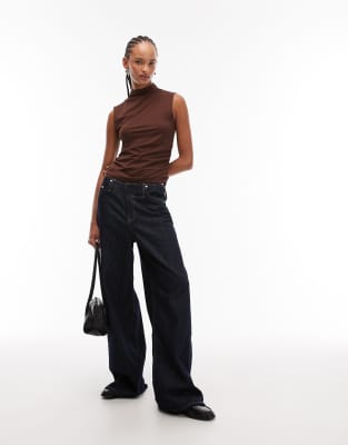 Asos Design Mock Neck Sleeveless Top In Brown