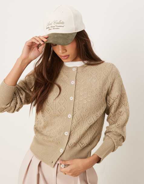 ASOS DESIGN – Mockabrun, hålstickad kofta med bred, ribbad fåll - view 1