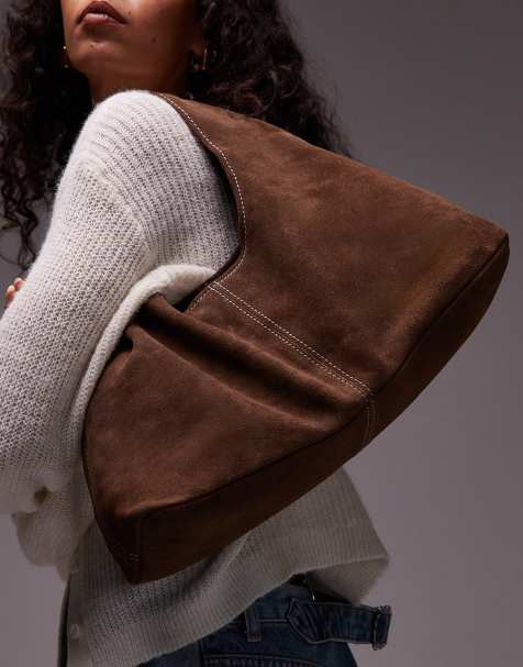 ASOS DESIGN – Mockabrun, mellanstor, slouchy axelväska i mocka och trapeze-modell - view 1