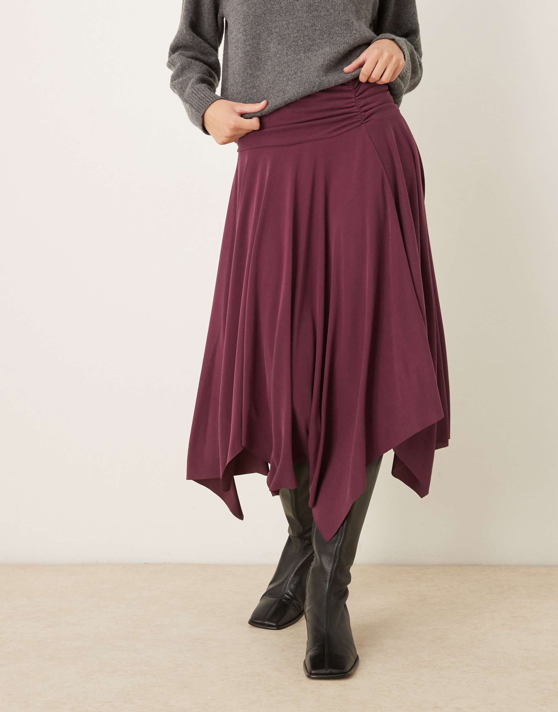 asos design modal asymmetric hanky hem skirt in burgundy