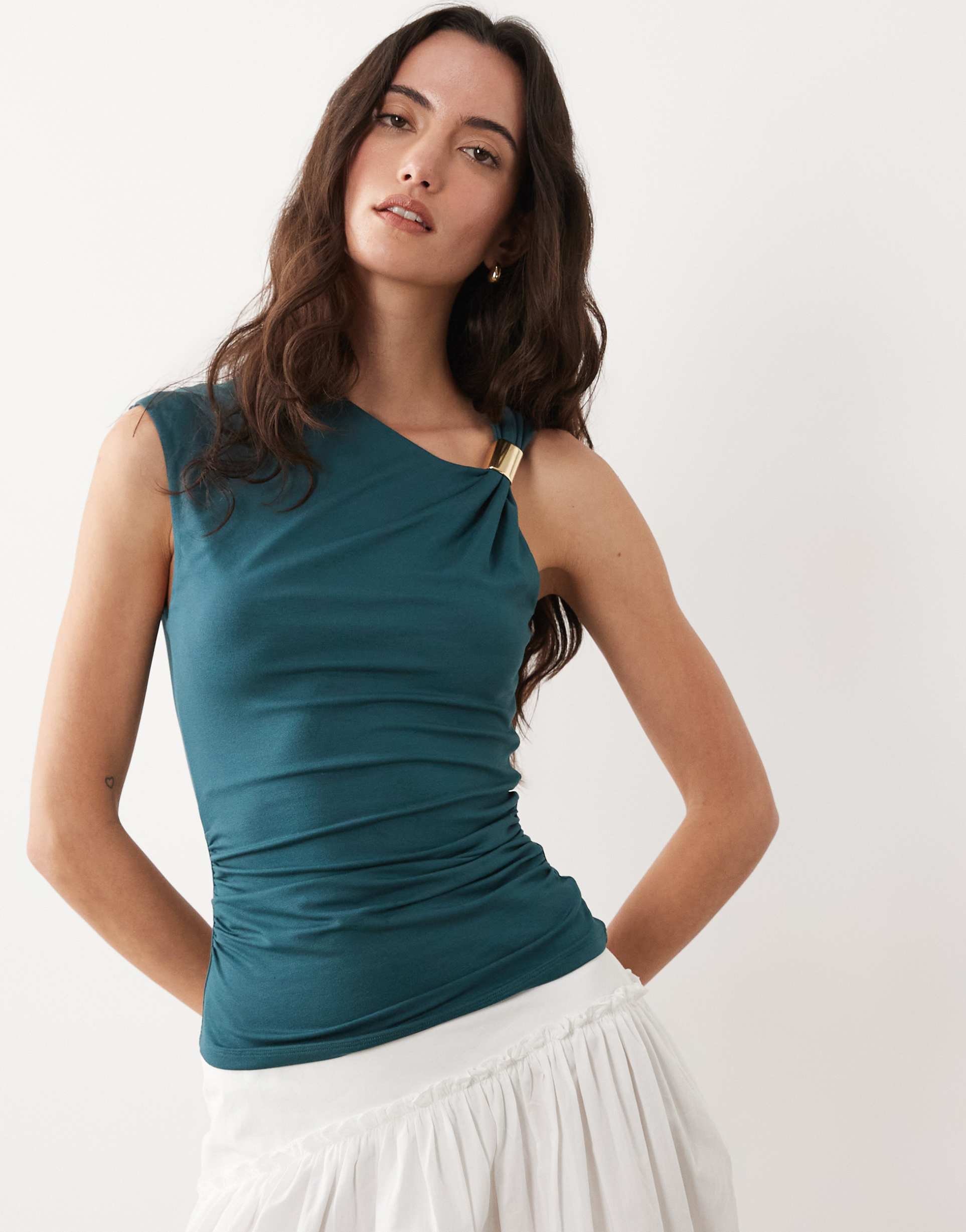 asos design modal asymmetric top with gold-tone hardware detail in teal