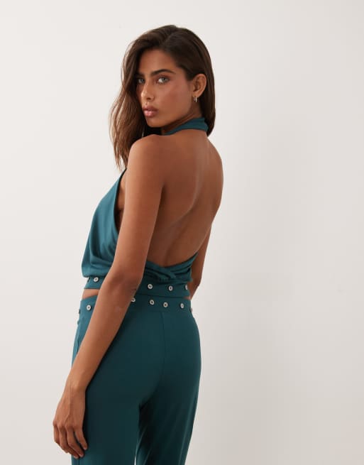 ASOS DESIGN modal balloon 'V' neck cross over co-ord top with fitted hem and stud trims in teal, 4 of 4