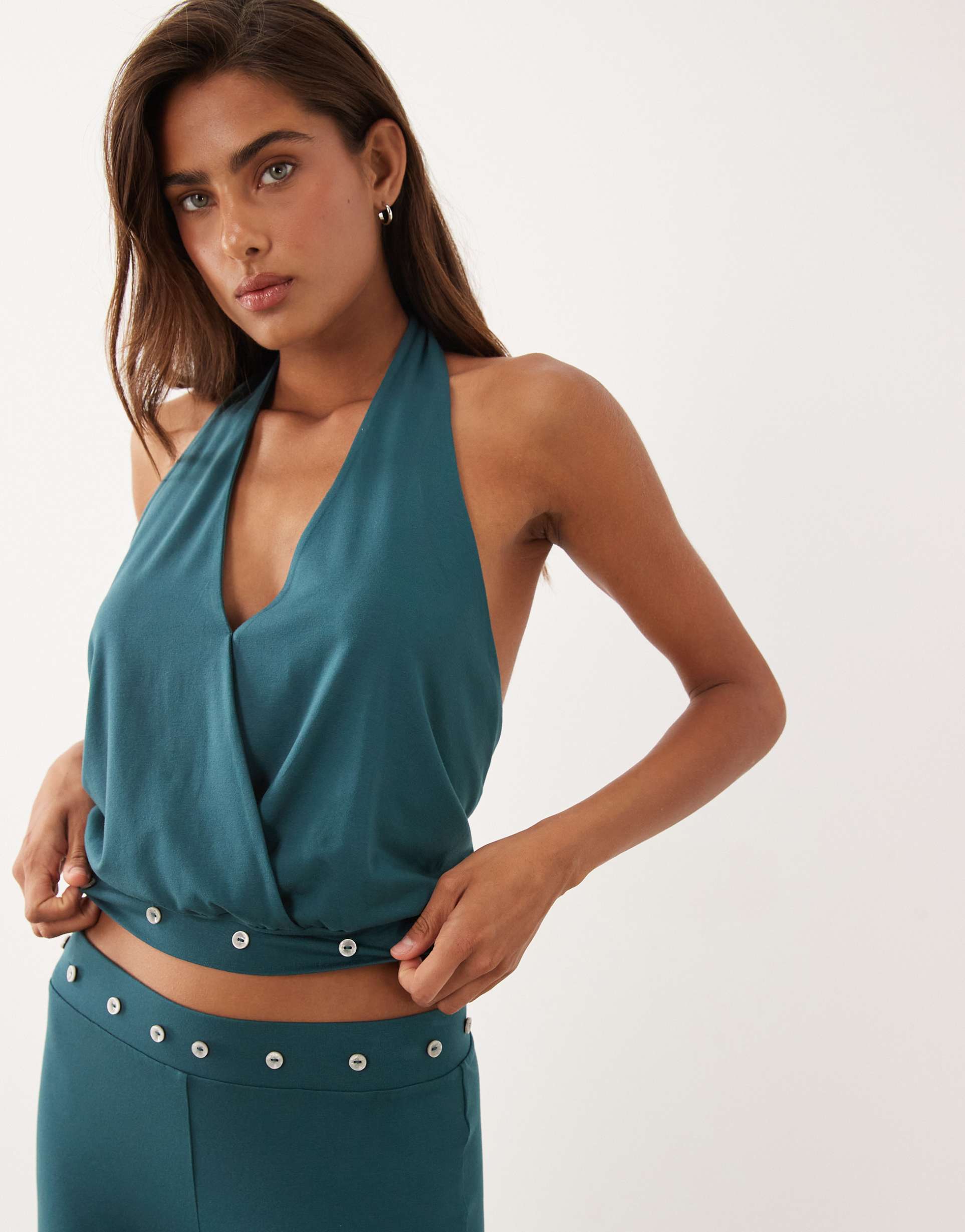 asos design modal balloon 'v' neck cross over top with fitted hem and stud trim in ecru - part of a set