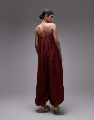 Asos Design Modal Bandeau Bubble Hem Jumpsuit In Red