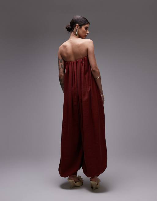 ASOS DESIGN modal bandeau bubble hem jumpsuit in brick red