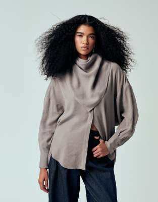 Asos Design Modal Batwing Sleeves Oversized Shirt With Scarf In Gray