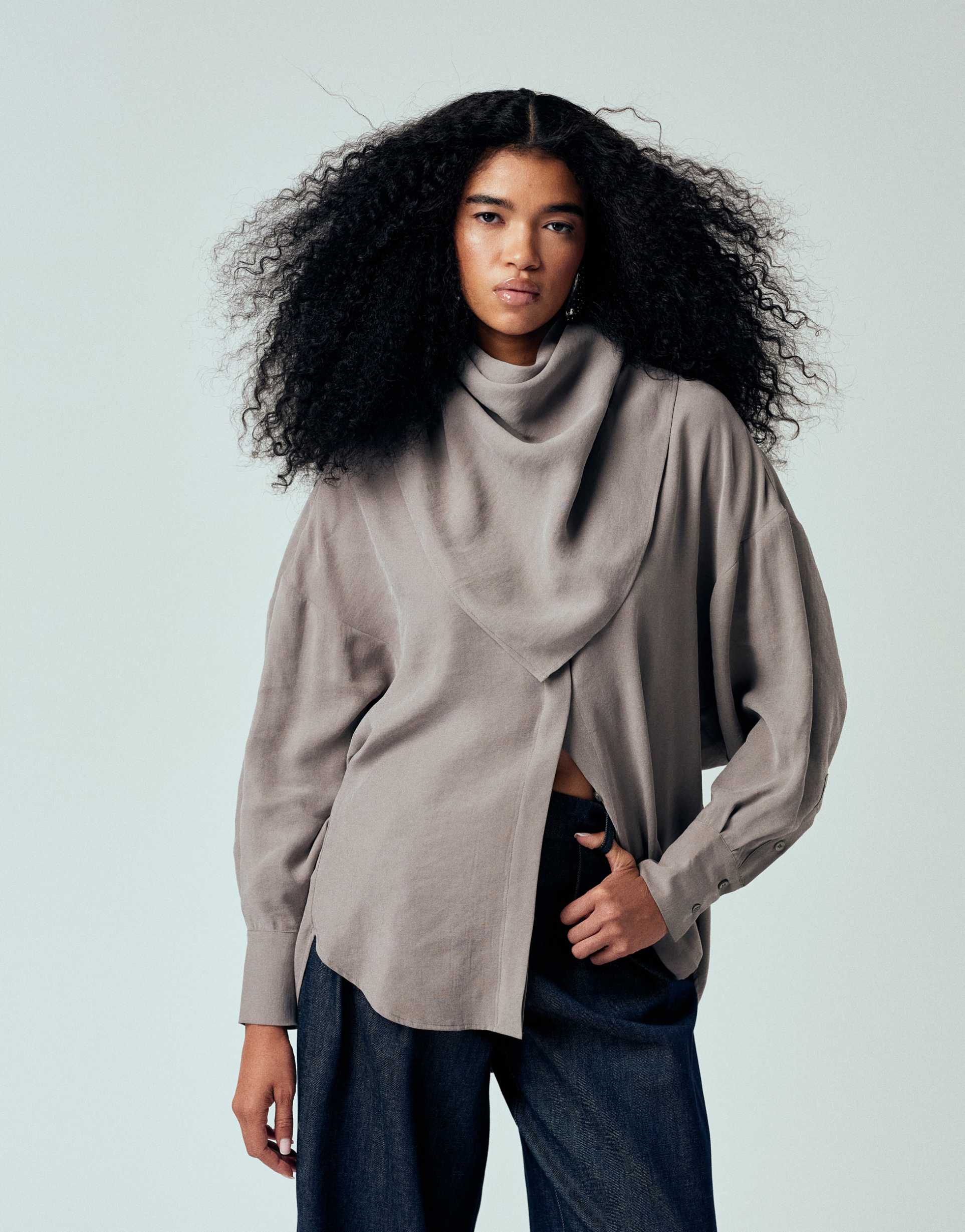 asos design modal batwing sleeves oversized shirt with scarf in gray