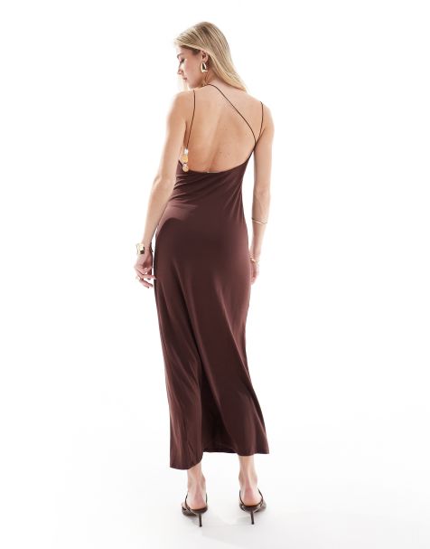 ASOS DESIGN modal beaded strappy midi dress in chocolate - view 1