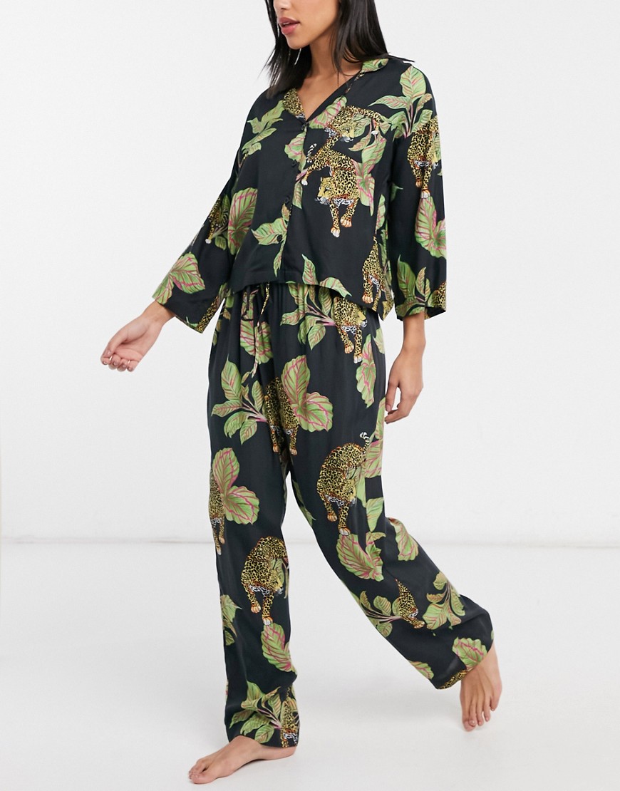 ASOS DESIGN modal botanical tiger long sleeve shirt & trouser pyjama set in multi