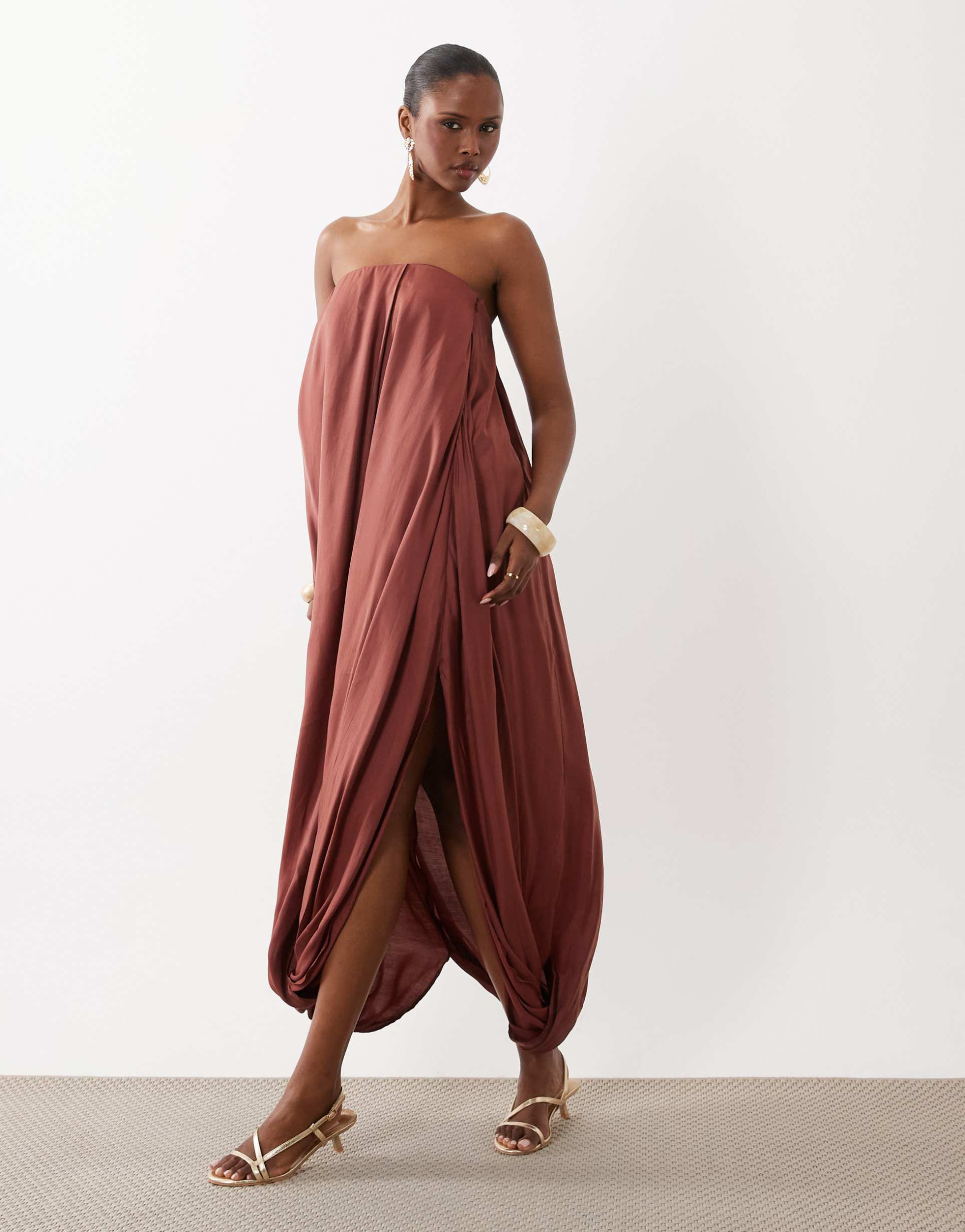 asos design modal bubble bandeau maxi dress in rust
