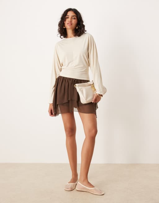 ASOS DESIGN modal cinch waist long sleeve top with open back in cream, 4 of 4