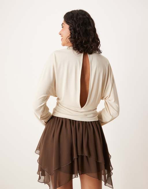 ASOS DESIGN modal cinch waist long sleeve with open back in cream, 2 of 4