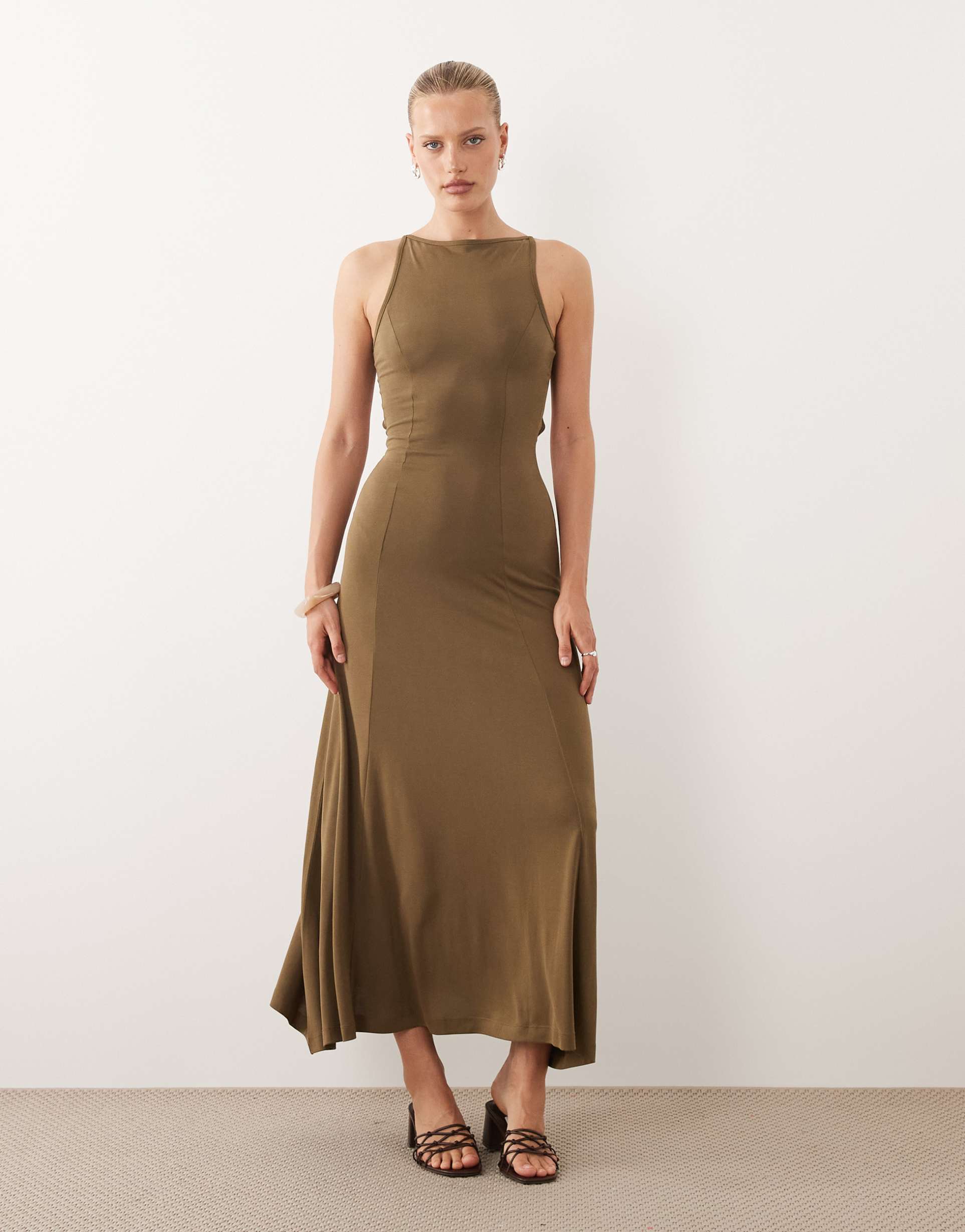 asos design modal cut out back maxi dress in khaki
