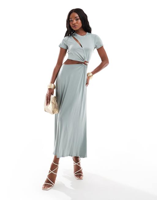 ASOS DESIGN modal cutout t shirt beaded ruched maxi dress in sage green ASOS